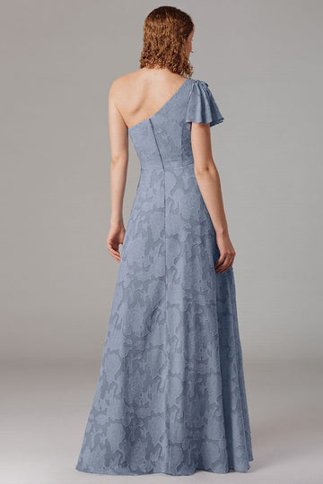 Dusty Blue A-Line One Shoulder Bridesmaid Dress with Slit